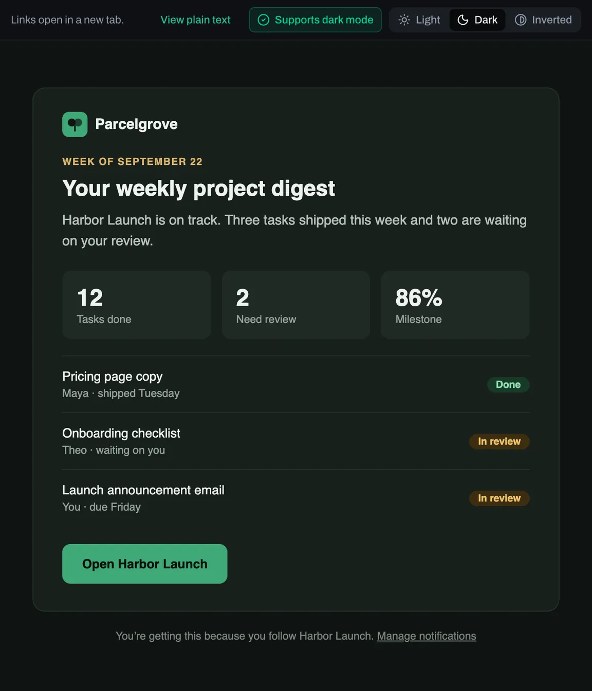 The same digest in its own dark mode design: a dark card, light text, amber labels, and a brighter green button.