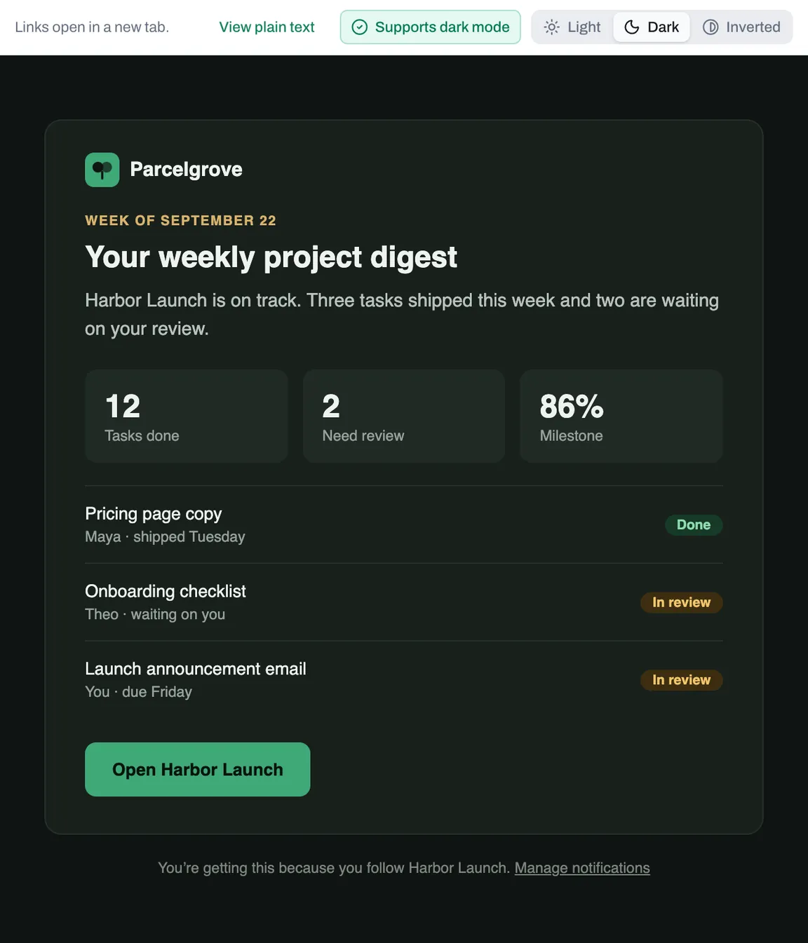 The same digest in its own dark mode design: a dark card, light text, amber labels, and a brighter green button.
