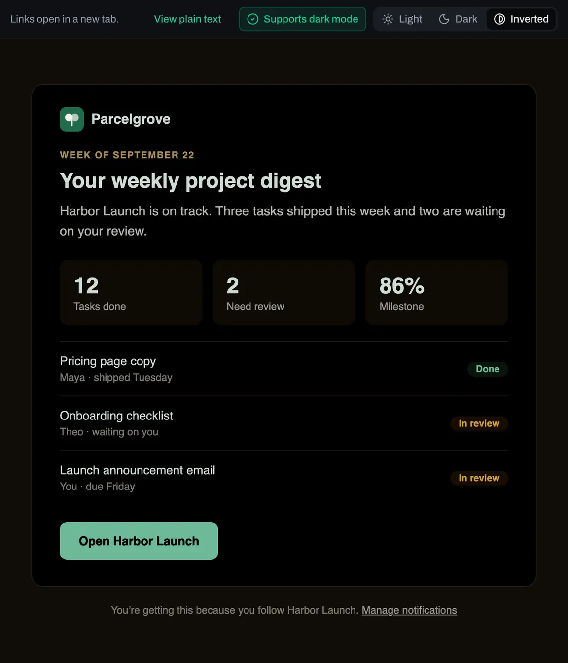 The same digest with its light design color-inverted, the way apps that force dark mode show it: a black card and a pale green button, with the logo kept in its own colors.