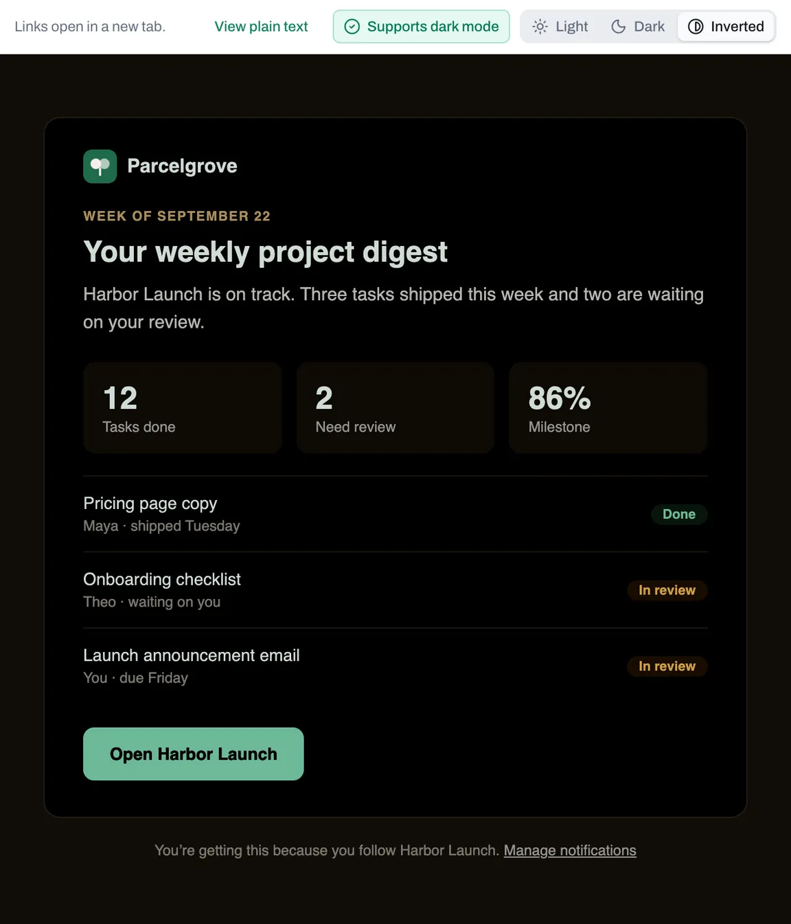 The same digest with its light design color-inverted, the way apps that force dark mode show it: a black card and a pale green button, with the logo kept in its own colors.