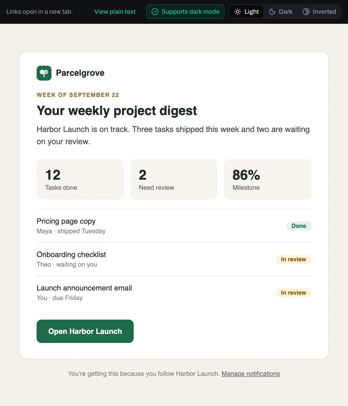 Persona Kit's email viewer showing a weekly project digest as designed, on a white card, with a Supports dark mode badge and a Light, Dark, and Inverted switch.