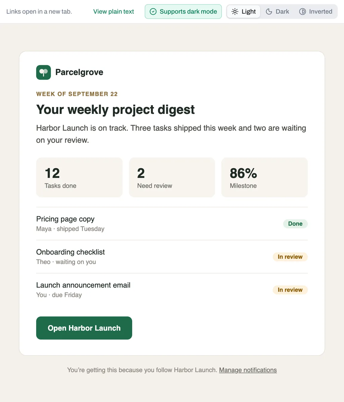 Persona Kit's email viewer showing a weekly project digest as designed, on a white card, with a Supports dark mode badge and a Light, Dark, and Inverted switch.