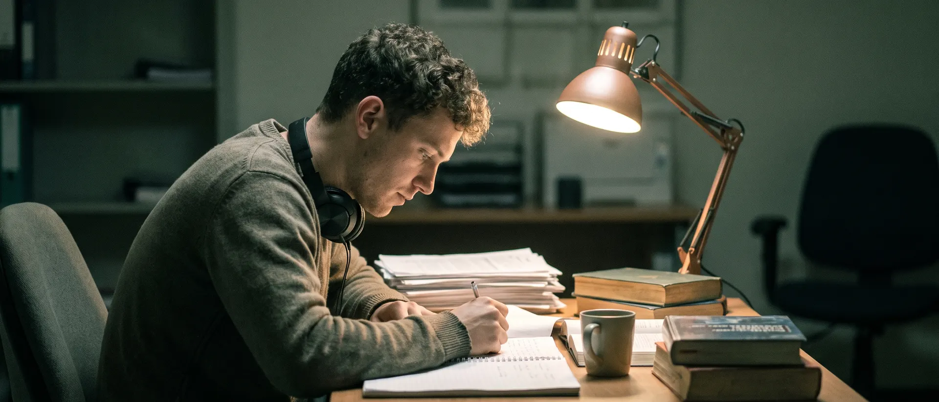 A researcher working late at a desk lit by a single lamp, the rest of the room in shadow.
