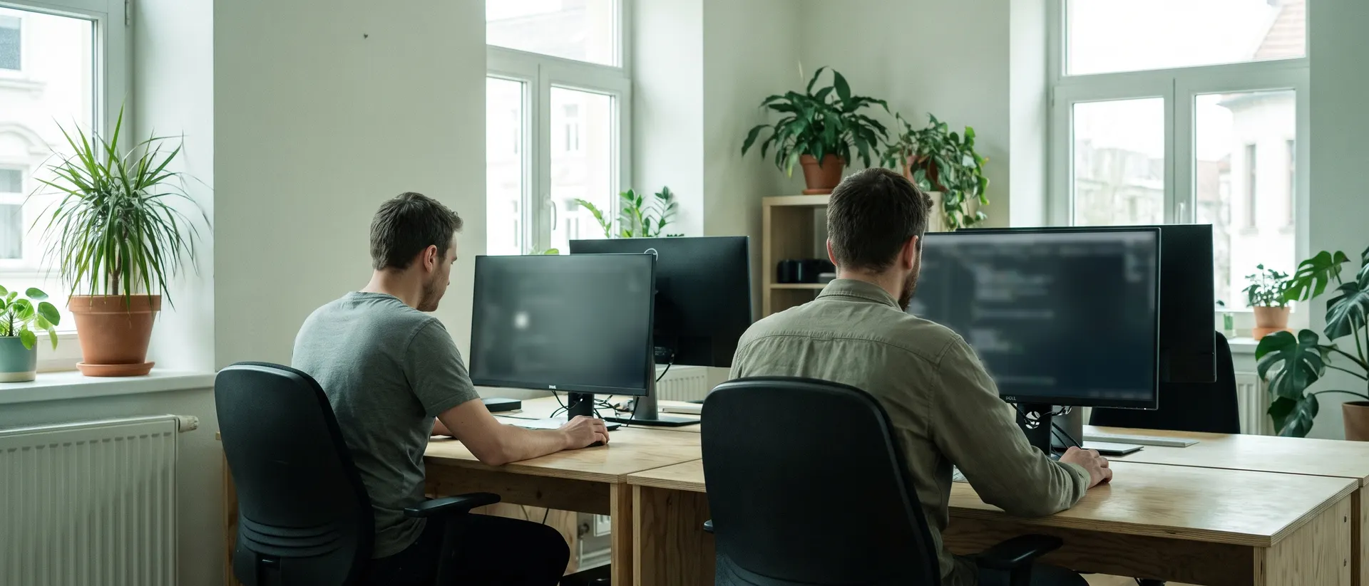 Two colleagues at adjacent desks in a bright studio office, each absorbed in their own screen.