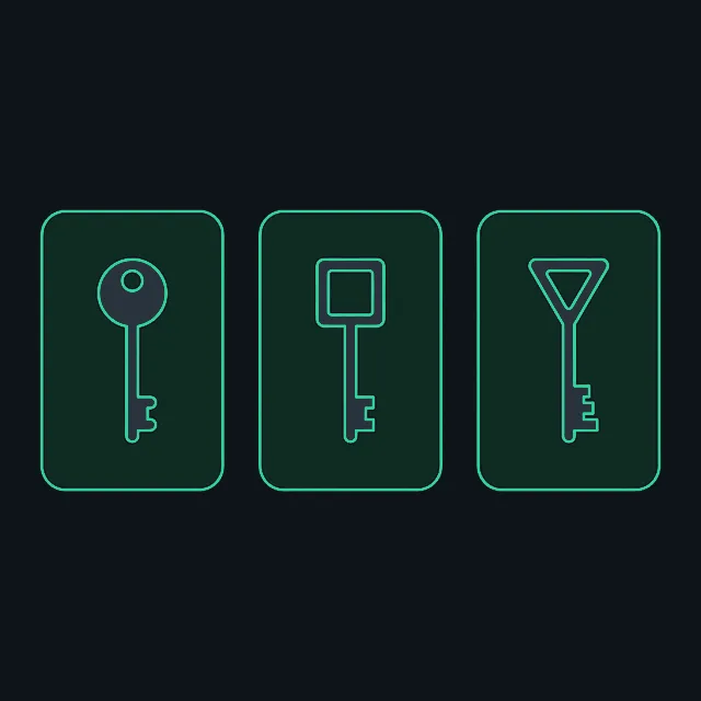 Three separate cards side by side, each holding a differently shaped key.