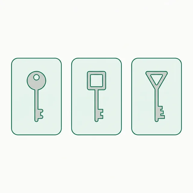 Three separate cards side by side, each holding a differently shaped key.