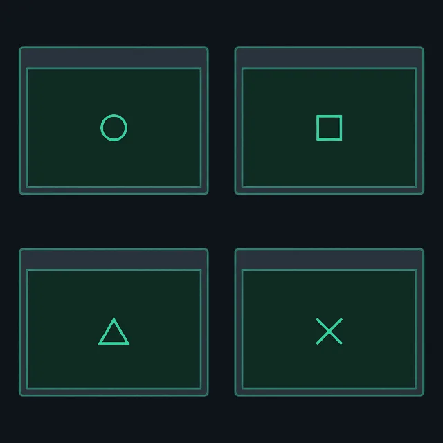 Four browser windows in a grid, each marked with a different symbol.