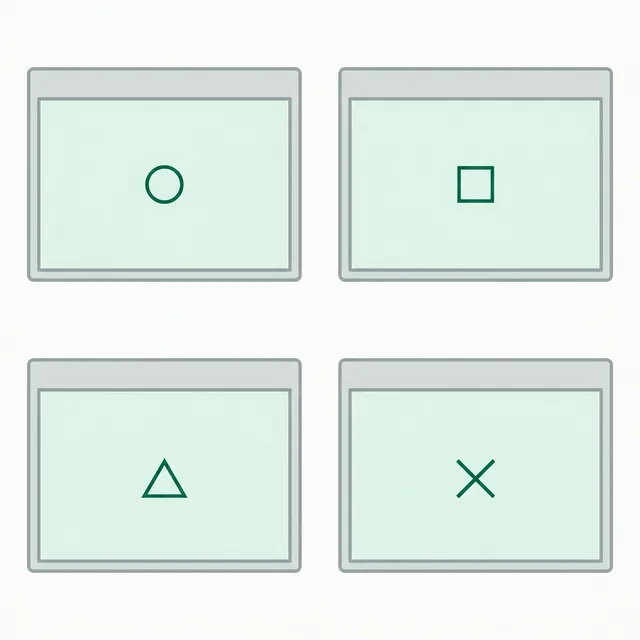 Four browser windows in a grid, each marked with a different symbol.